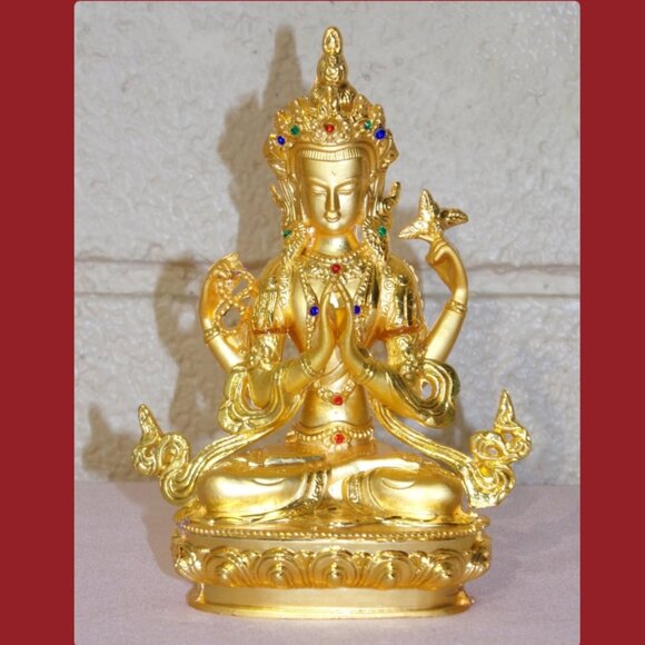 AVALOKITESVARA BUDDHA BEJEWELED GOLD ALLOY PLATED 6 IN STATUE-4 Arms-Bodhisattva - Picture 4 of 16